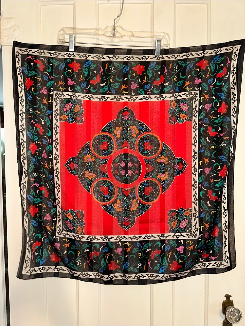 Vintage Berkshire Large Black Floral Polyester Scarf Red & Pink Paisley Accents